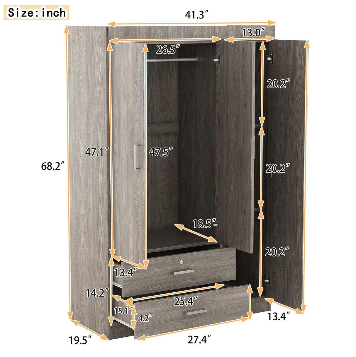 68.2" H Wardrobe Armoire Closet with Mirror, Modern Freestanding Wooden Closet Wardrobe Cabinet with 3 Doors and Locking Drawers, Bedroom Armoires with Shelves and Hanging Rod, Gray cloblane