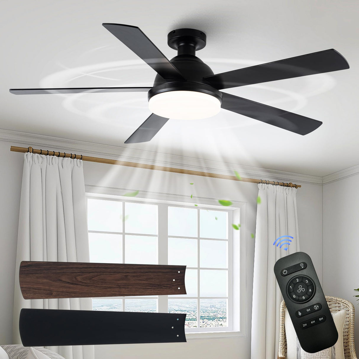 ELEVARAWOOD Black Ceiling Fan with Light, 52 Inch Outdoor Ceiling Fans with Lights and Remote, Modern Indoor Bedroom Ceiling Fan Noiseless, Reversible Blades, DC Motor ELEVARAWOOD