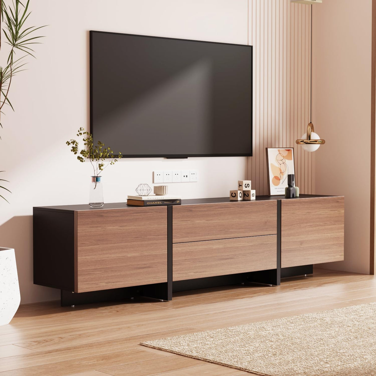 ECACAD 78.7" Modern TV Stand for TVs up to 80", Two-Tone Entertainment Center Media Console TV Table with 2 Drawers, 2 Doors & Hidden Compartments, Brown and Black ECACAD