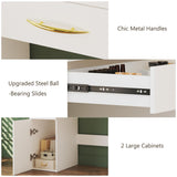 ALEXNUTRE Make up Vanity Desk with Mirror and Lights, Vanity with Lights 3 Models Settings, Vanity with Power Outlet, Vanity Desk with 5 Drawers, 2 Cabinets, Shelves, Makeup Vanity for Bedroom, White ALEXNUTRE