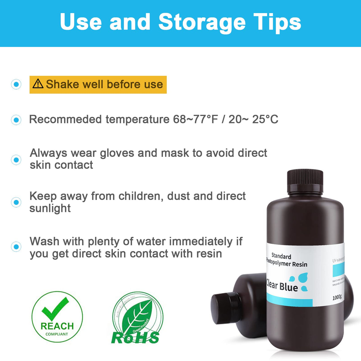 ELEGOO Standard LCD 3D Printer Resin, Fast UV-Curing 3D 405nm UV Resin Photopolymer Resin for High Precision Rapid LCD 3D Printing Clear Blue 1000G ELEGOO