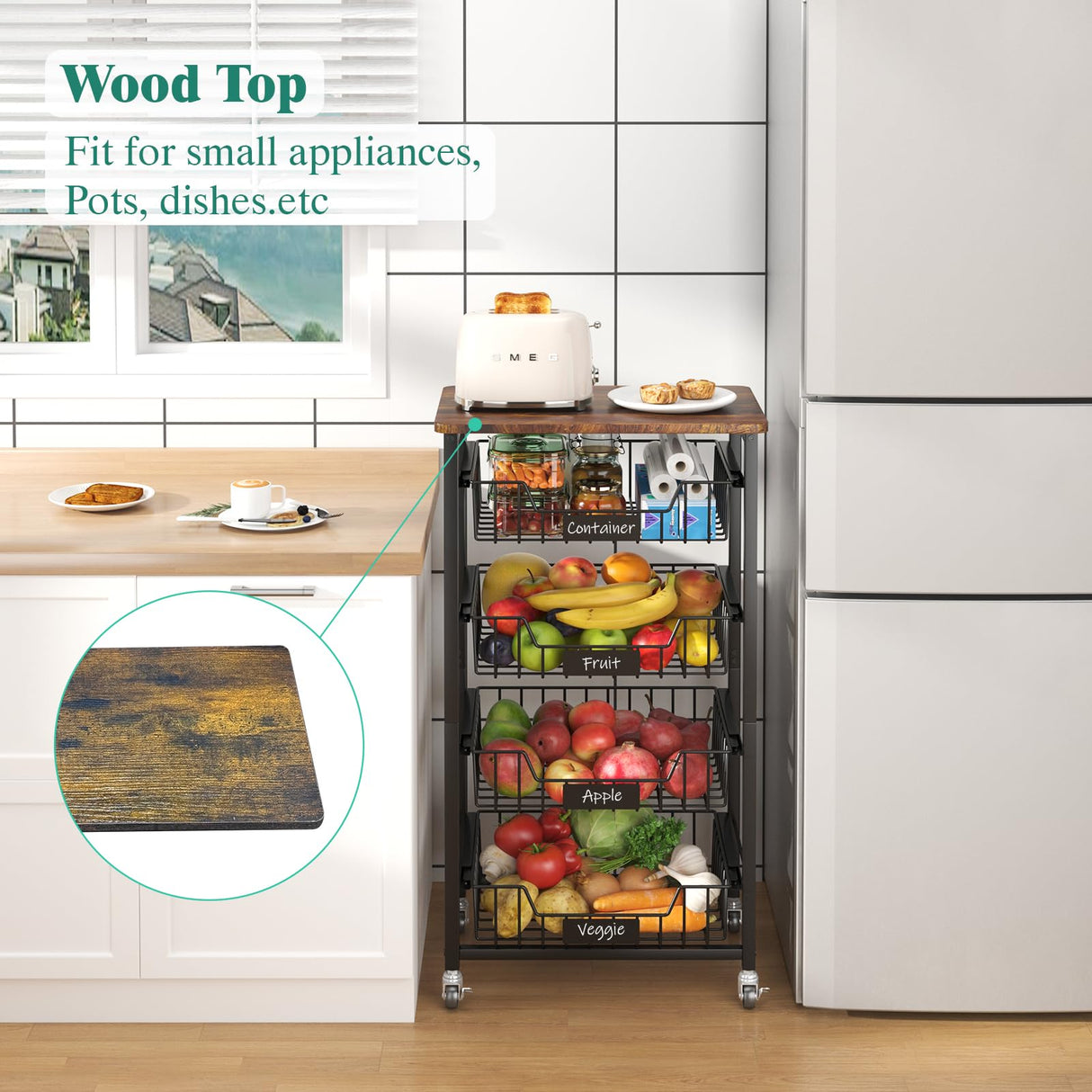 XYZLVSI Kitchen Storage Cart with Wheels, 5-Tier Metal Utility Rolling Cart Fruit Vegetable Storage Basket Pantry Rack with Wood Top & Pull Out Baskets for Kitchen, Livingroom, Diningroom, Office XYZLVSI