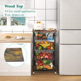 XYZLVSI Kitchen Storage Cart with Wheels, 5-Tier Metal Utility Rolling Cart Fruit Vegetable Storage Basket Pantry Rack with Wood Top & Pull Out Baskets for Kitchen, Livingroom, Diningroom, Office XYZLVSI