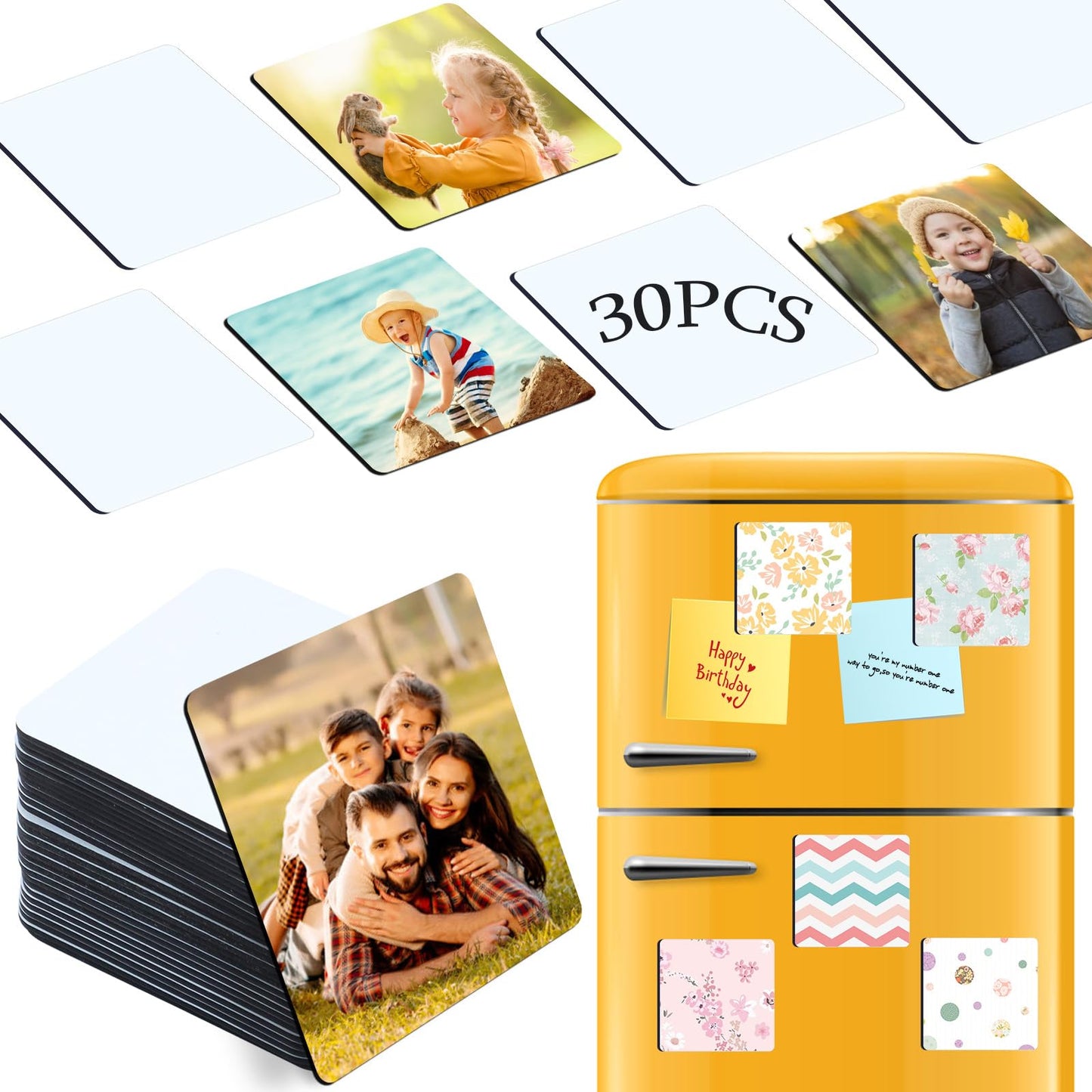 ZYNERY Sublimation Magnet Blanks 3x3 inch, 30Pcs Sublimation Blank Fridge Magnets Printable Photos, Personalized Sublimation Magnets for Refrigerator Decoration, Kitchen, Office, Wall