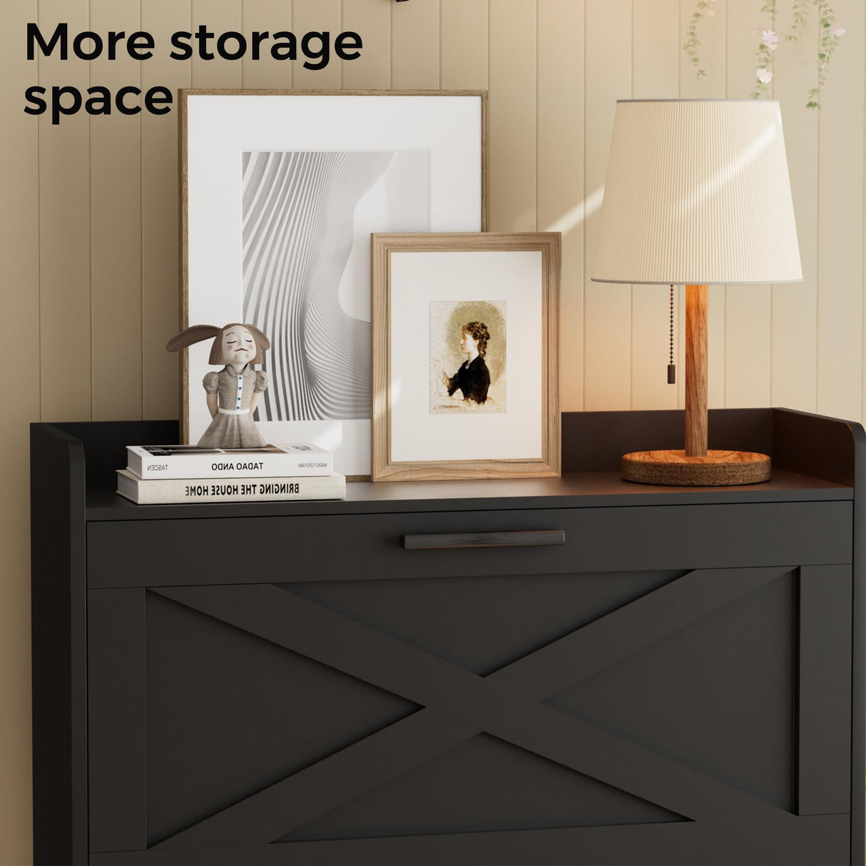 Homleke 32" W Farmhouse Shoe Storage Cabinet with 2 Flip Drawers and Barn Door Design, Adjustable Shelves, Modern Hidden Slim Narrow Shoe Rack Cabinet for Entryway, Foyer, Hallway, Living Room, Black Homleke