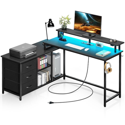 Seventable L Shaped Computer Desk with Drawers, Reversible Gaming Desk with LED Lights & Charging Port, Corner Desk with Storage Shelves & Monitor Stand for Home Office Carbon Fiber Black - WoodArtSupply