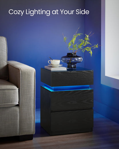 VASAGLE Nightstand with LED Lights, Adjustable Light Colors, Bedside Table, Side Table with 3 Drawers, Modern Style, 13.8 x 15.7 x 21.7 Inches, Ebony Black ULET630T58 - WoodArtSupply