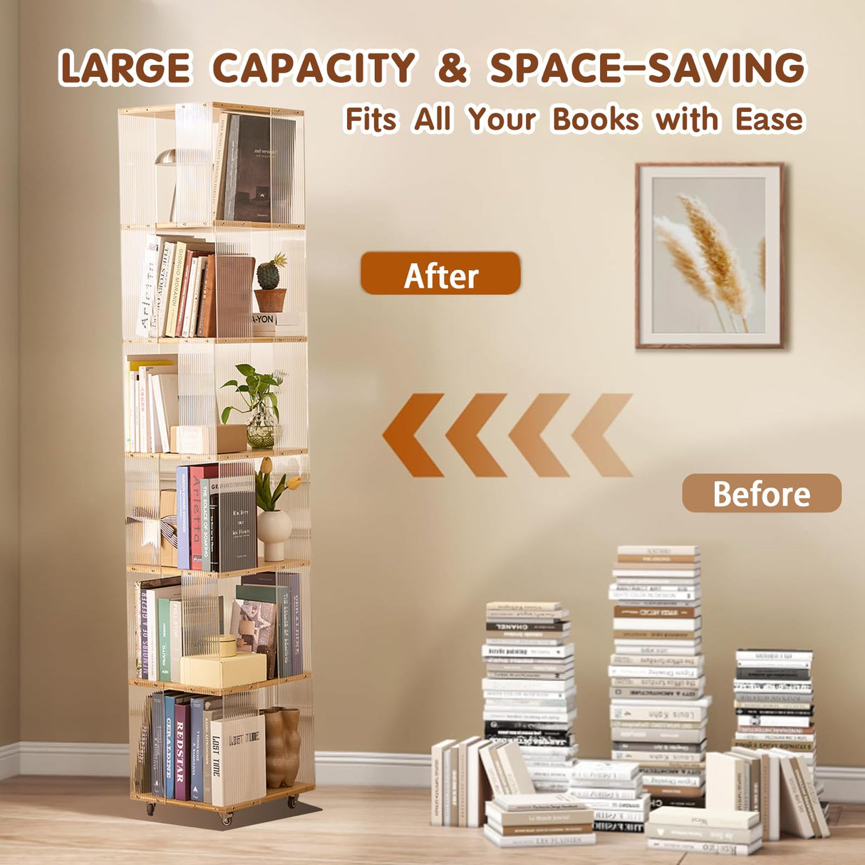 ZHUMUJIAJU 6-Tier Rotating Bookshelf- 360° Spinning Bookshelf Tower Kids, Tall Narrow Bookshelves with Wheels, Acrylic Clear Bookcase, Modern Storage Organizer for Home Office, Living Room, Bedroom ZHUMUJIAJU