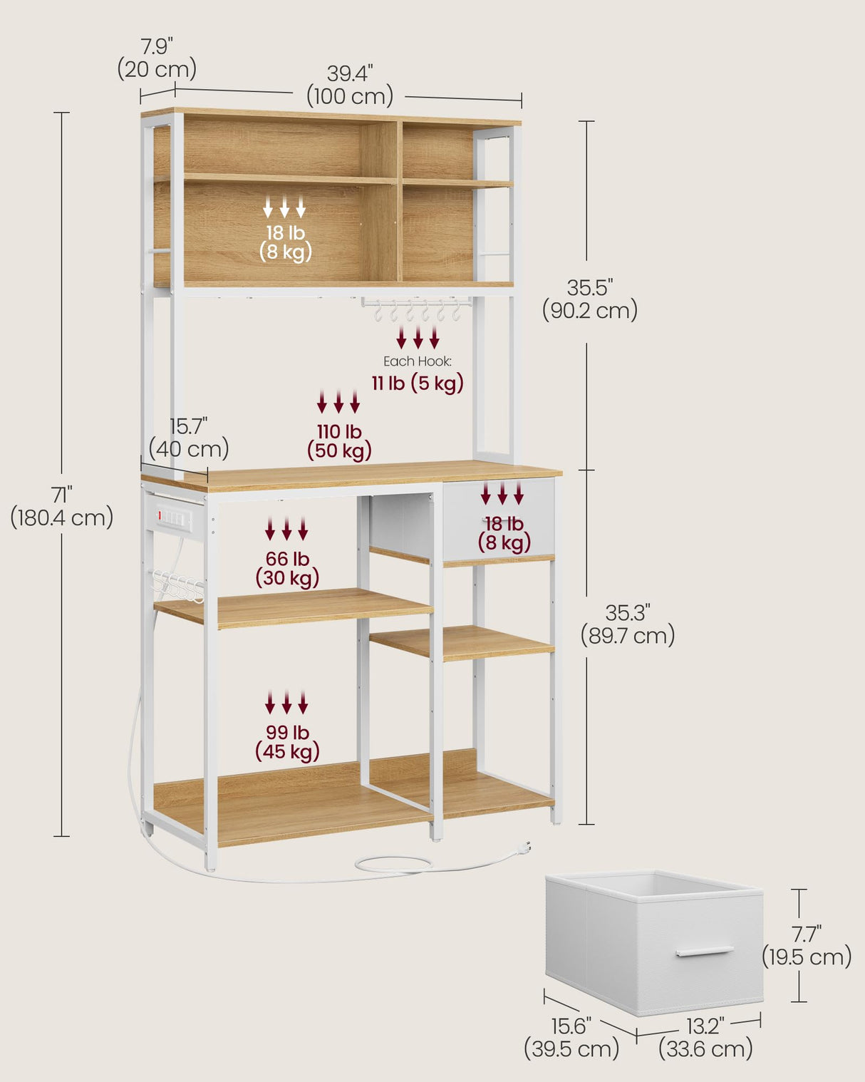 VASAGLE Bakers Rack with Charging Station, Coffee Bar with Adjustable Storage Shelves, Fabric Drawer, 12 Hooks, 15.7 x 39.4 x 71 Inches, Kitchen Microwave Stand, Golden Oak and Cloud White UKKS027Y01 VASAGLE