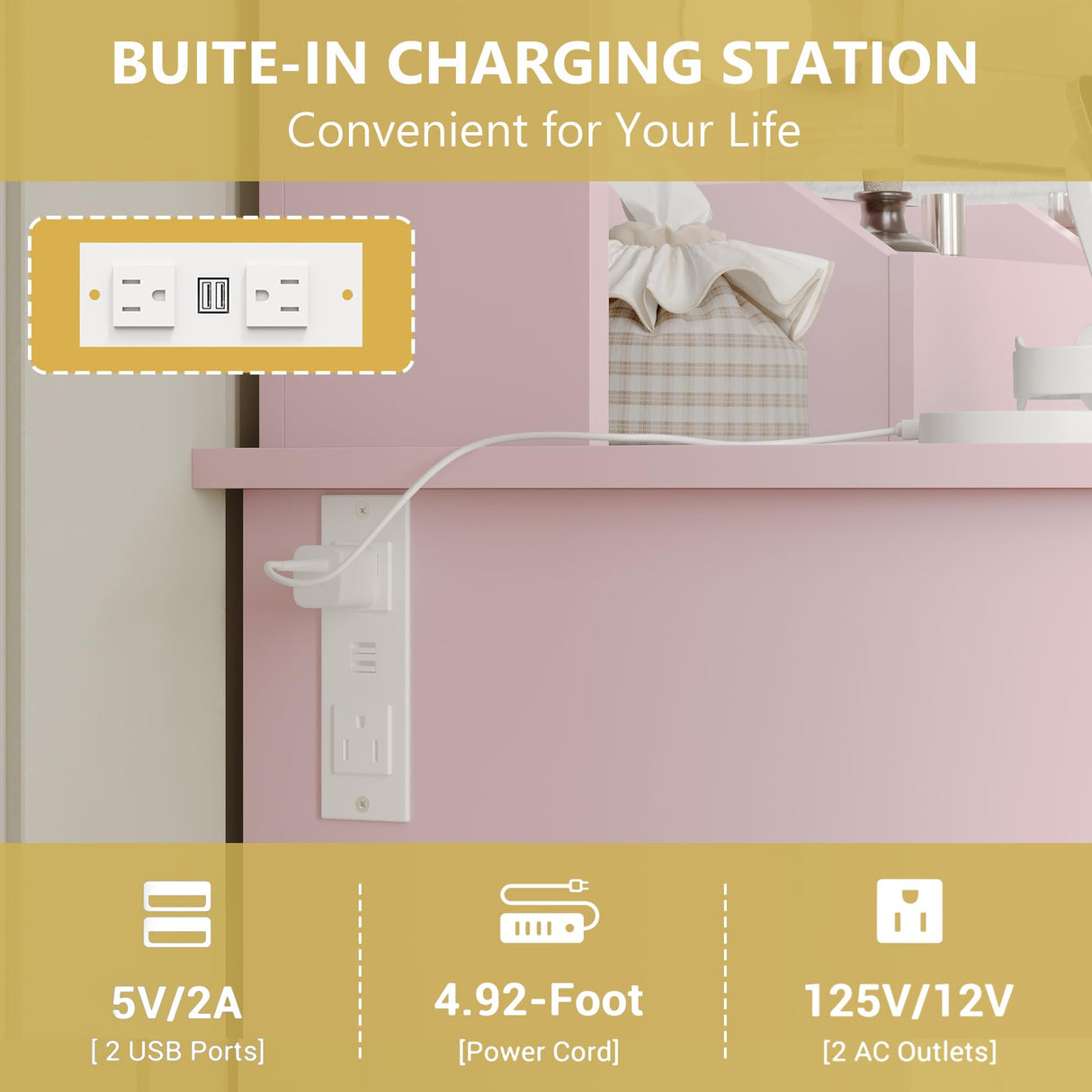 Vanity Makeup Desk with Mirror and Lights, Farmhouse Vanity Table Set with Storage Drawers, Charging Station & Chair, 43" Large Rustic Dressing Table, 3 Lighting Modes for Women Girls Bedroom, Pink Xixini