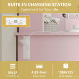 Vanity Makeup Desk with Mirror and Lights, Farmhouse Vanity Table Set with Storage Drawers, Charging Station & Chair, 43" Large Rustic Dressing Table, 3 Lighting Modes for Women Girls Bedroom, Pink Xixini