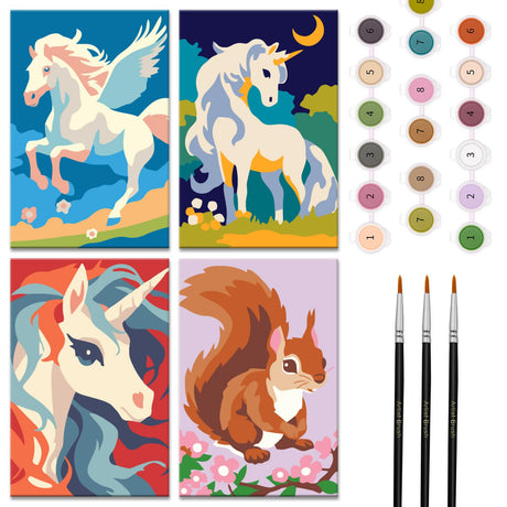 Nariolar 4 Pack Paint by Numbers Kit for Kids Ages 4-6 with 4.7X3.1inch Pre-Printed Cardboard,Acrylic Paint Pots and 3 Painting Brushes，Creative Gifts for Kids（Unicorn and Squirrel Nariolar
