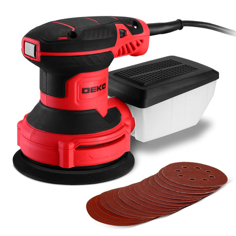 Orbital Sander Corded Hand Sander: DEKOPRO 20V 5" Random Orbital Sander with Dust Box, 6 Various Speeds Electric Palm Sander with Dust Box, 16Pcs Sandpapers for Woodworking & Sanding (Red) DEKOPRO