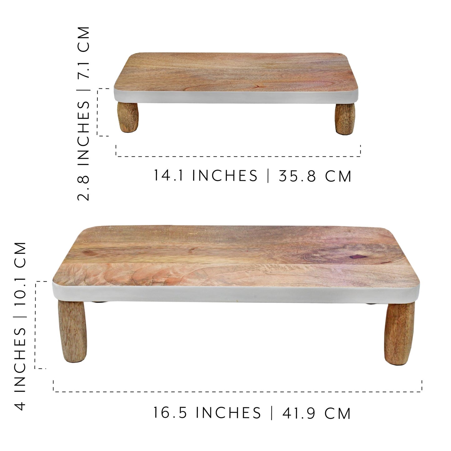 AuldHome Farmhouse Wooden Risers (Set of 2, Rectangular); Rustic Decorative Pedestal Stands for Display w/ Natural Mango Wood and Enamel Trim