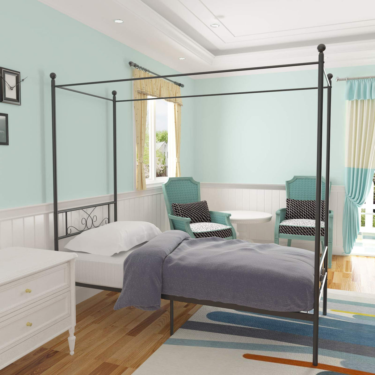 Weehom Twin Canopy Bed Frame with Headboard and Footboard, 4 Posters Metal Bed Frame, No Box Spring Needed, Mattress Foundation Platform Bed for Kids and Adults, Black Weehom