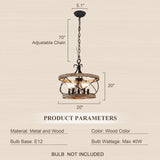 20" Farmhouse Chandelier, 5-Light French Country Drum Chandelier Over Table, Wood Chandelier for Kitchen Island Dining Room Entryway Chords Attic