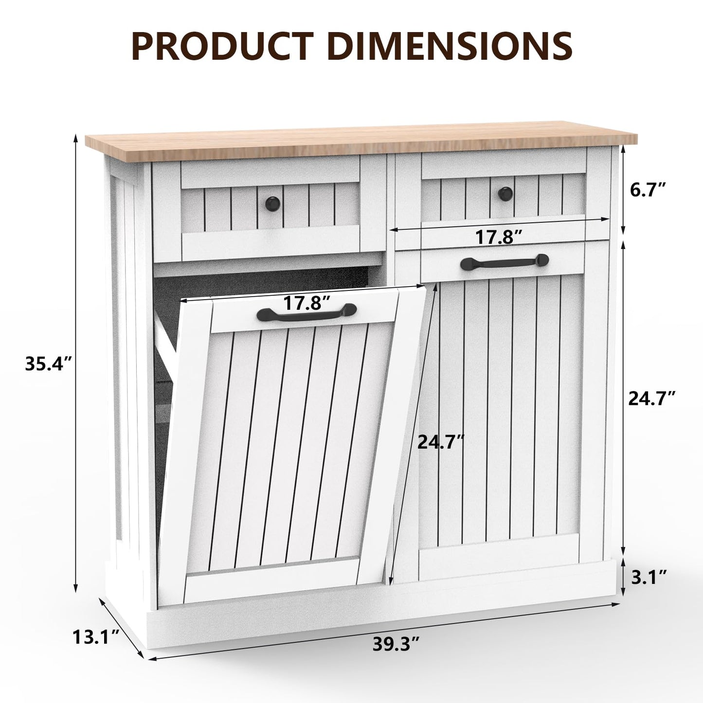 HTK Double Tilt Out Trash Cabinet with Storage Drawers - Durable MDF Wood, Spacious Kitchen Garbage Bin Organizer, Farmhouse Style, Fits Dual 10-Gallon Cans (White) - WoodArtSupply