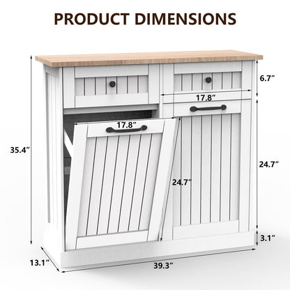 HTK Double Tilt Out Trash Cabinet with Storage Drawers - Durable MDF Wood, Spacious Kitchen Garbage Bin Organizer, Farmhouse Style, Fits Dual 10-Gallon Cans (White) - WoodArtSupply