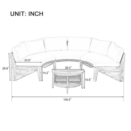 Quarte Outdoor Acacia Wood Round Sofa Set, Sectional Sets with Coffee Table,6-Person Seating Group for Garden, Deck (Gray/Half-Moon*A) Quarte