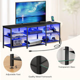 HOOBRO LED TV Stand for 65 Inch TVs with Charging Station, Gaming Entertainment Center with 3-Tier Open Storage, Long Media TV Console Table, TV Stand for Living Room, Bedroom, Black BB20UDDS01 HOOBRO