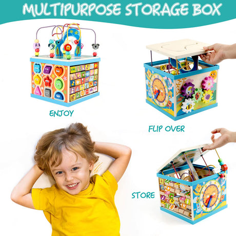 Qilay Wooden Activity Cube for Toddlers 3, 5 in 1 Multipurpose ABC-123 Abacus Early Educational Montessori Toys, Learning Toys for 3 Year Old | Bead Maze, Great for Boys Girls Toddlers Qilay