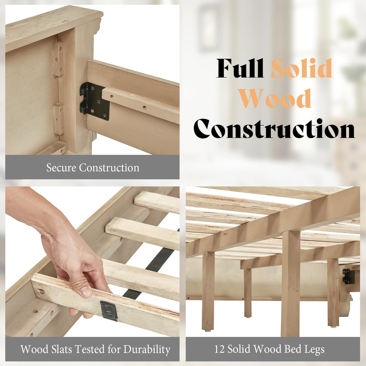 AMERLIFE 68.1" H King Size Bed Frame with Upholstered Headboard, Solid Wood Farmhouse Platform Bed, Architectural Design, No Box Spring Needed, Light Oak AMERLIFE