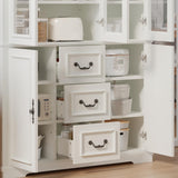 YITAHOME 71" H x 47" W Kitchen Pantry with 3 Drawers, Large Storage Cabinet with 3 Glass Doors & Adjustable Shelves, Freestanding Tall Display China Cabinet for Living & Dining Room, White YITAHOME