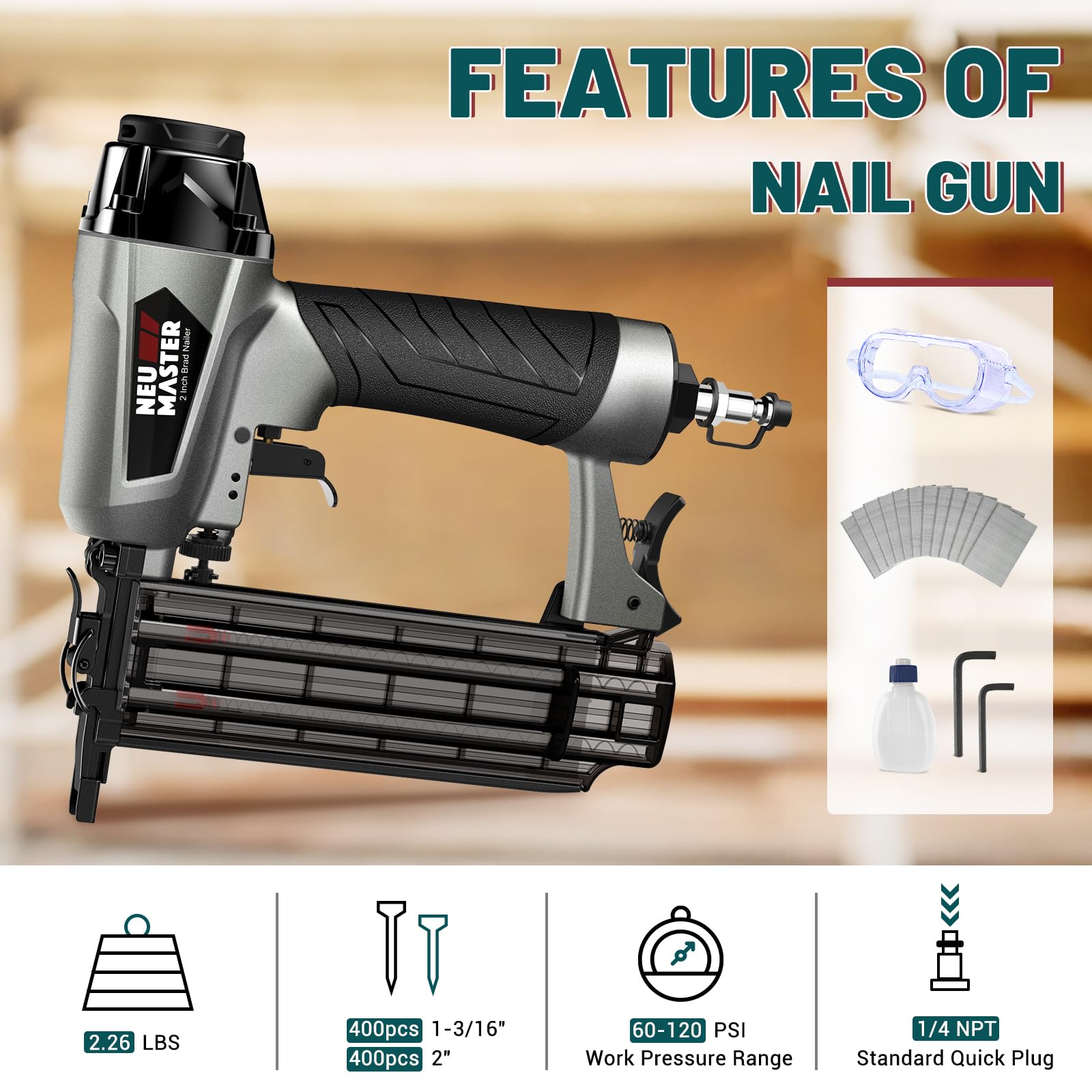 NEU MASTER Pneumatic Brad Nailer, 18 Gauge Nail Gun Fires 5/8-Inch to 2-Inch Brad Nails with Carrying Case, Safety Glasses, 800pcs Nails - WoodArtSupply