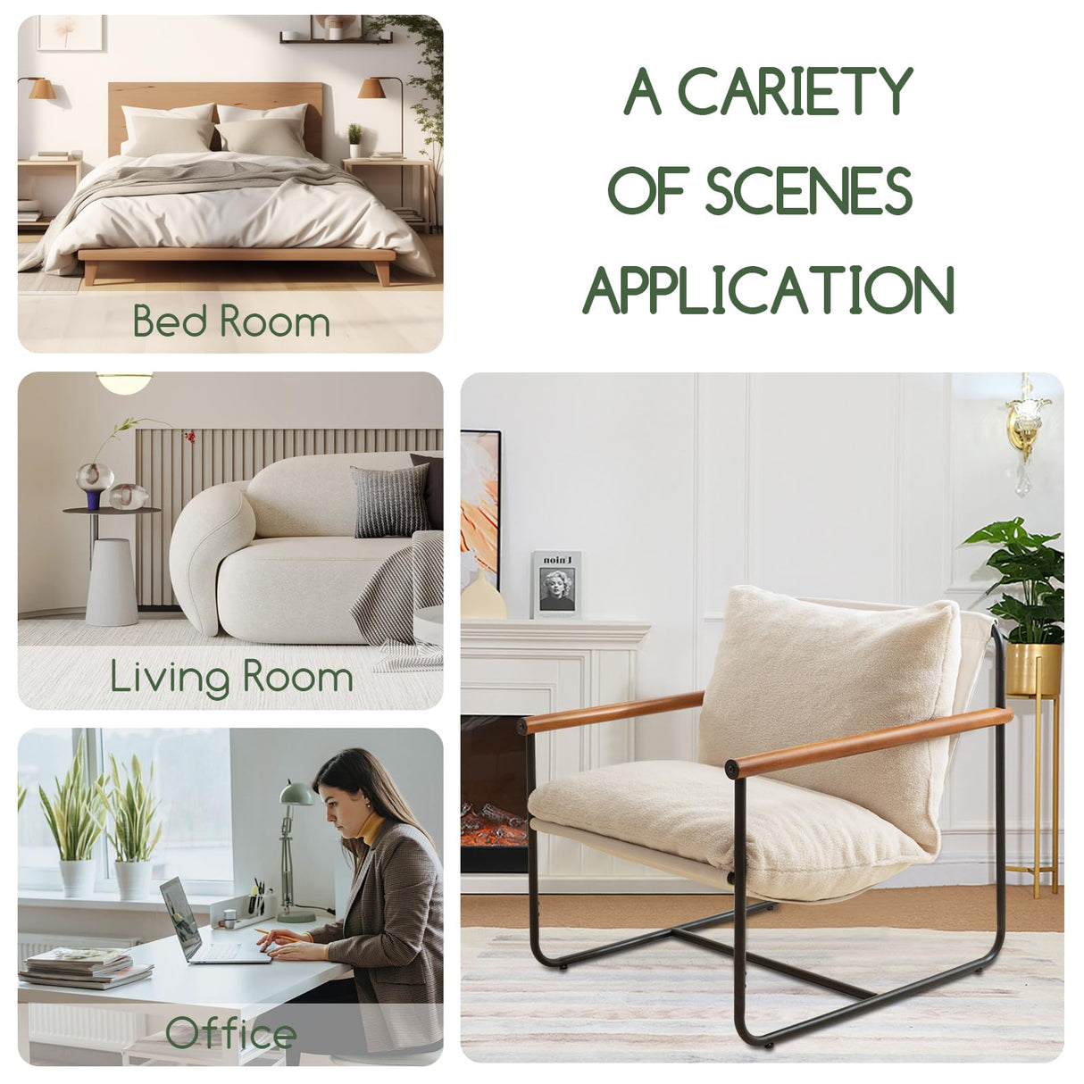 HIGOGOGO Modern Accent Chair, Living Room Chair with Wood Armrests, Shredded Foam Cushion, and Sturdy Metal Frame Reading Chair, Beige HIGOGOGO