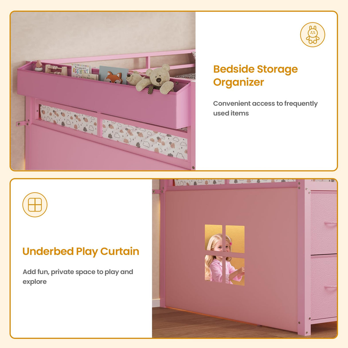 ADORNEVE Low Loft Bed Twin Size with 7 Storage Drawers, Bookcase and LED Lights, Metal Kids Loft Bed with 14" H Safety Guardrail,Inclined Ladder and Play Curtain, Under-Bed Play Space,Pink ADORNEVE