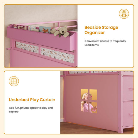 ADORNEVE Low Loft Bed Twin Size with 7 Storage Drawers, Bookcase and LED Lights, Metal Kids Loft Bed with 14" H Safety Guardrail,Inclined Ladder and Play Curtain, Under-Bed Play Space,Pink ADORNEVE