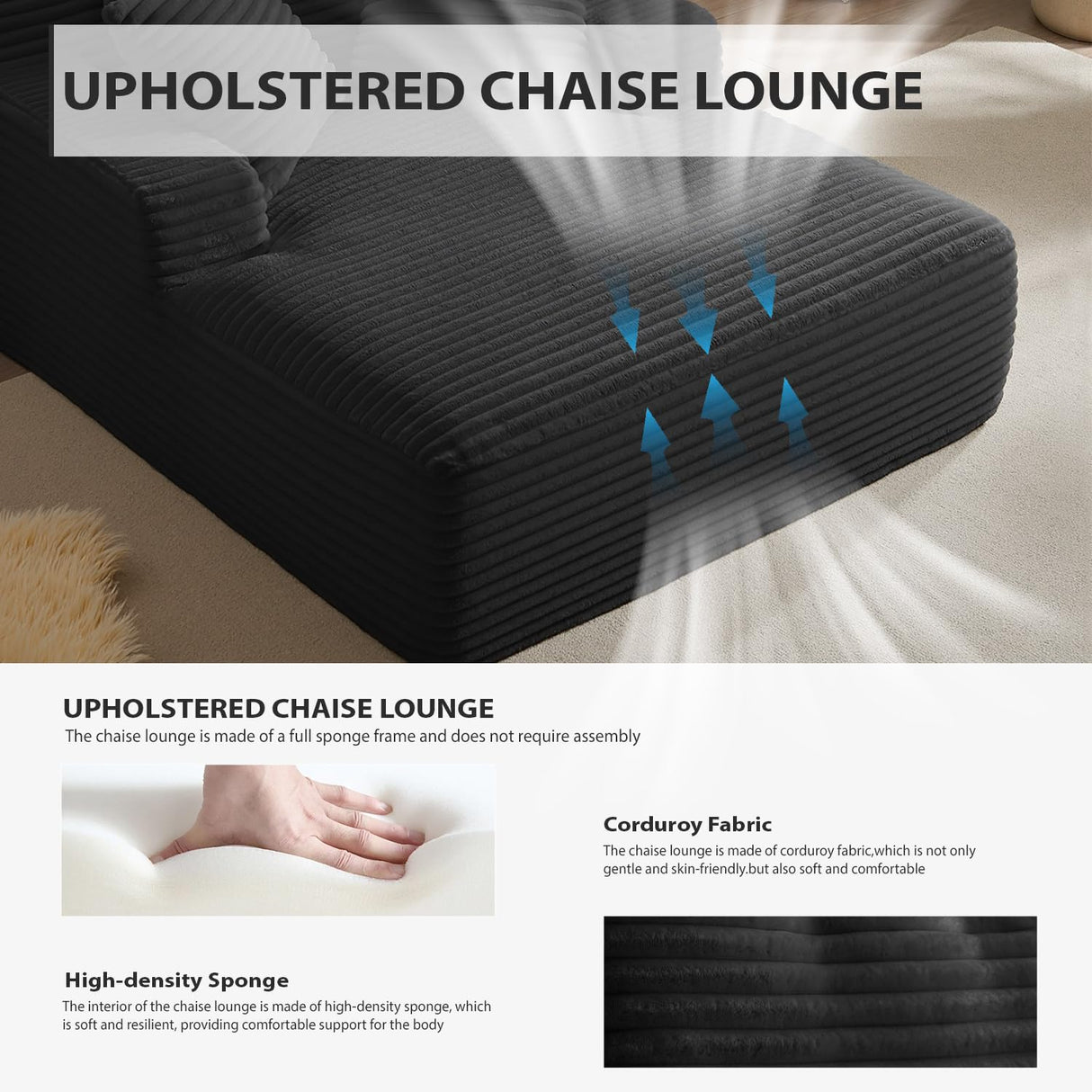 67 Inch Oversized Chaise Lounge Chair Indoor, Corduroy Upholstered Boneless Sofa Bed, Deep Seat Sleeper Couch Reading Chairs, Cloud Sofas Couches for Living Room, No Assembly Required (Black) HANXIN