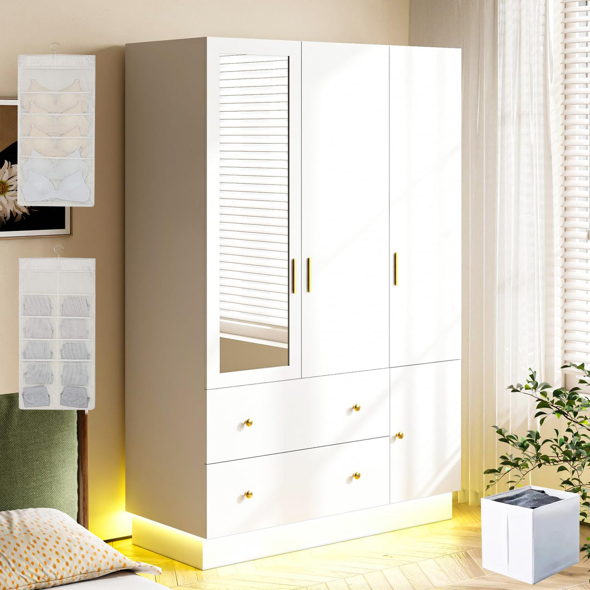 DalyLuxa 3 Doors Armoire Wardrobe Closet with Mirror & Organizers, LED Wooden Bedroom Armoires with Hanging Rod for Bedroom, White DalyLuxa