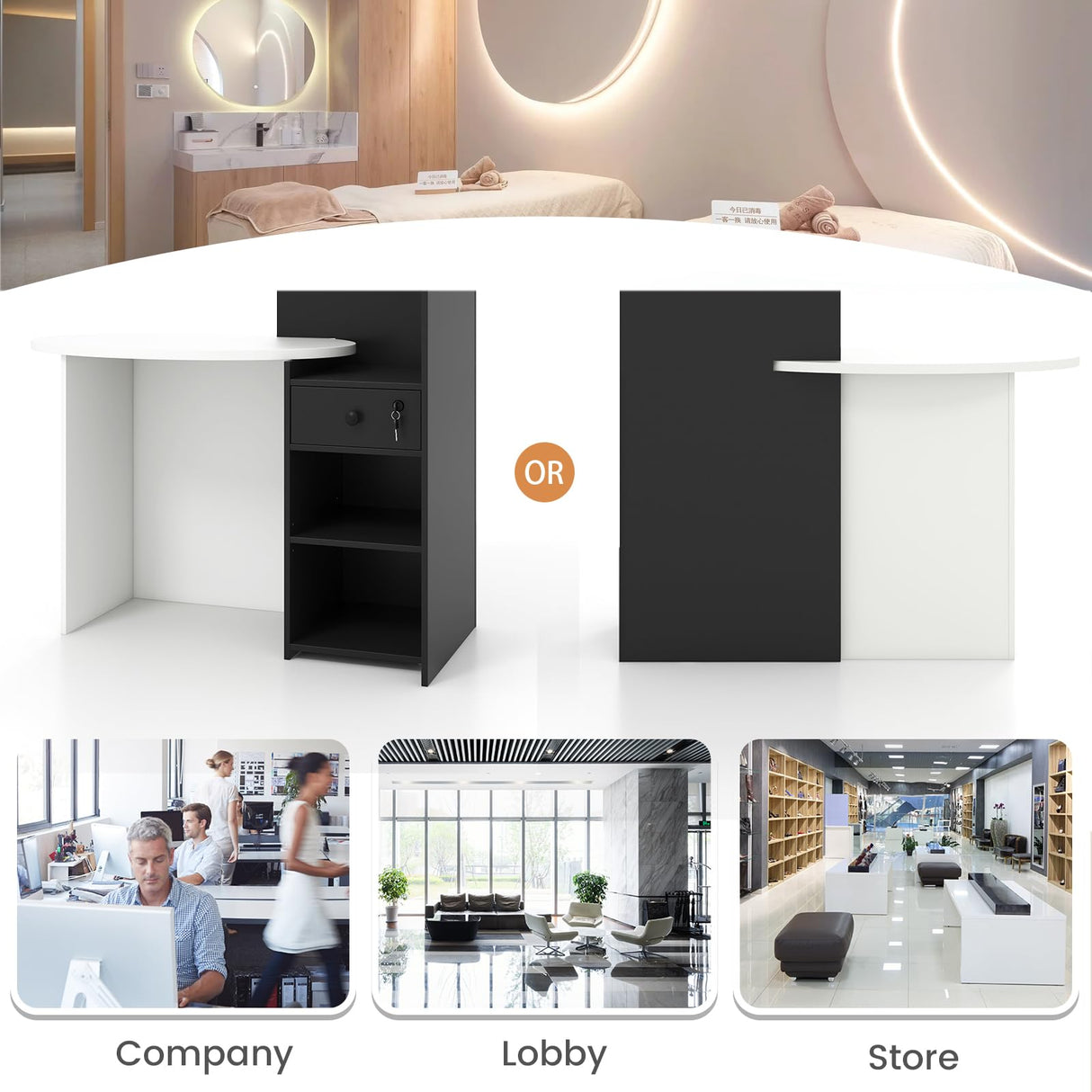 SILKYDRY Reception Desk, Small Retail Checkout Counter with Lockable Drawer and Open Shelves, Wooden Front Desk Reception Counter, Oval Desktop & L Counter for Store Office Lobby Salon (Black) SILKYDRY