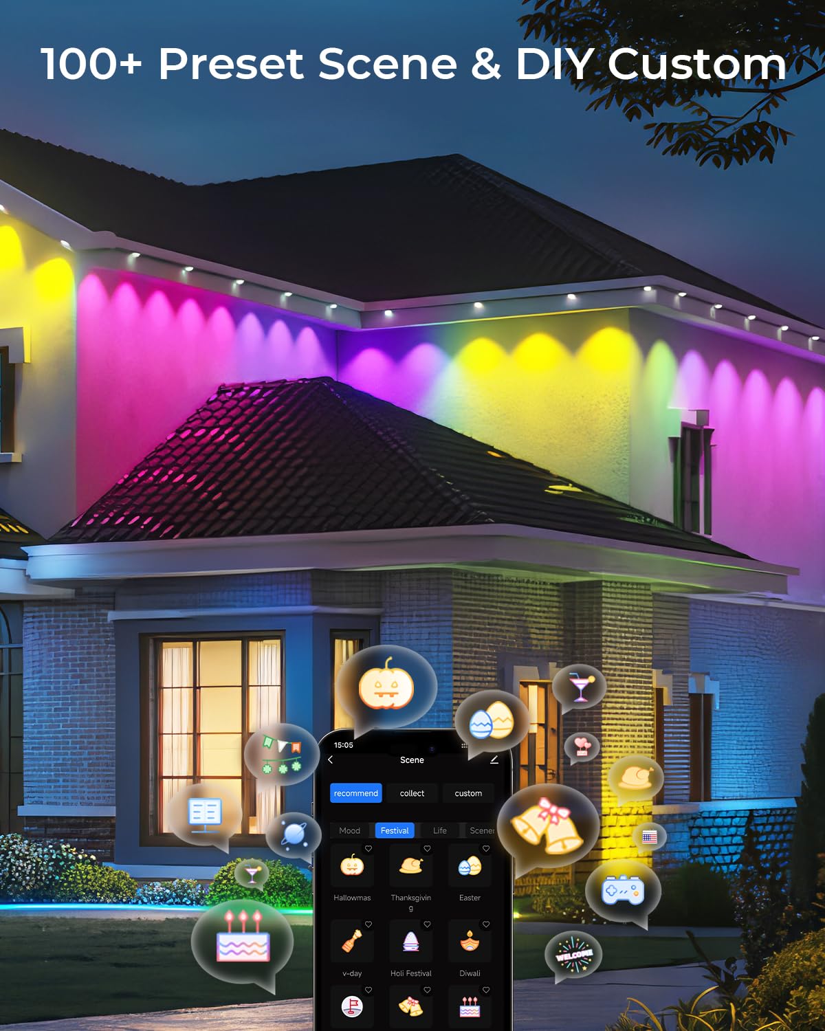 CINOTON Permanent Outdoor Lights 100ft, Smart RGBW+IC Eaves Lights with 60LEDs, IP67 Waterproof, 111 Scene Modes for Daily and Festival, Halloween Christmas Holiday Decor, APP/Voice/Remote Control CINOTON
