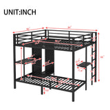 SOFTSEA King Over Twin XL Bunk Bed, Heavy-Duty Metal Bunk Beds with Foldable Desk, Open Wardrobe, Storage Shelves, Space-Saving Bed with Guardrail and Ladder for Adults Teens, Black SOFTSEA