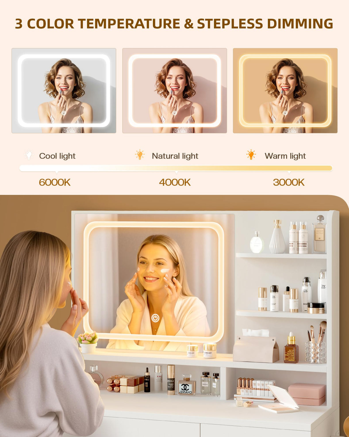 LIVELYGLOW Makeup Vanity Desk Set, 35.4“Wx15.7”Dx53.9“H, White (Smart LED Mirror, with Cushion Stool, Hairdryer Rack, Power-Outlet, 4 Drawers, Open Shelves) LIVELYGLOW