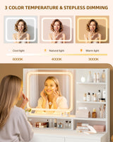 LIVELYGLOW Makeup Vanity Desk Set, 35.4“Wx15.7”Dx53.9“H, White (Smart LED Mirror, with Cushion Stool, Hairdryer Rack, Power-Outlet, 4 Drawers, Open Shelves) LIVELYGLOW