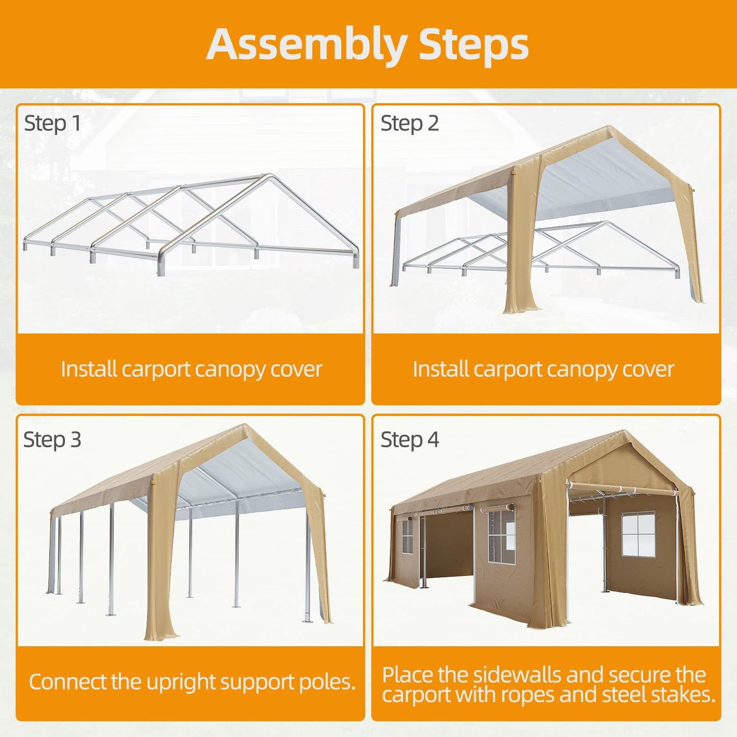 GAOMON 10x20 Ft Carport Heavy Duty Canopy, Portable Garage with Removable Sidewalls Doors & Windows, All Season Waterproof Tarp Outdoor Storaeg Shed for Car Truck Boat Party, Khaki