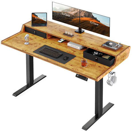 ErGear Electric Standing Desk with Drawers, 55″ x 28″ Gaming Desk with Monitor Stand, C-Clamp Mount Compatible, Home Office Height-Adjustable Desk with Storage Shelf, 4 Preset Heights, Vintage Brown ErGear