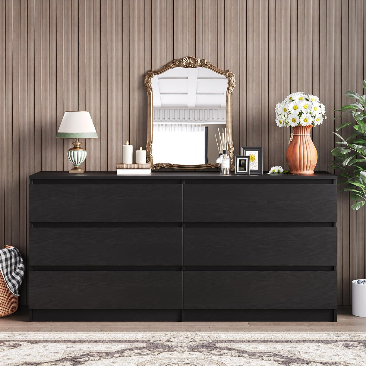 Modern 6 Drawer Dresser for Bedroom, 59'' Black Dresser, Wood Dresser with Handless Design, Thickened Back Panel, Stable & Sturdy Base, Double Drawer Long Dresser, Wide Chest of Drawers for Bedroom Angel Sar