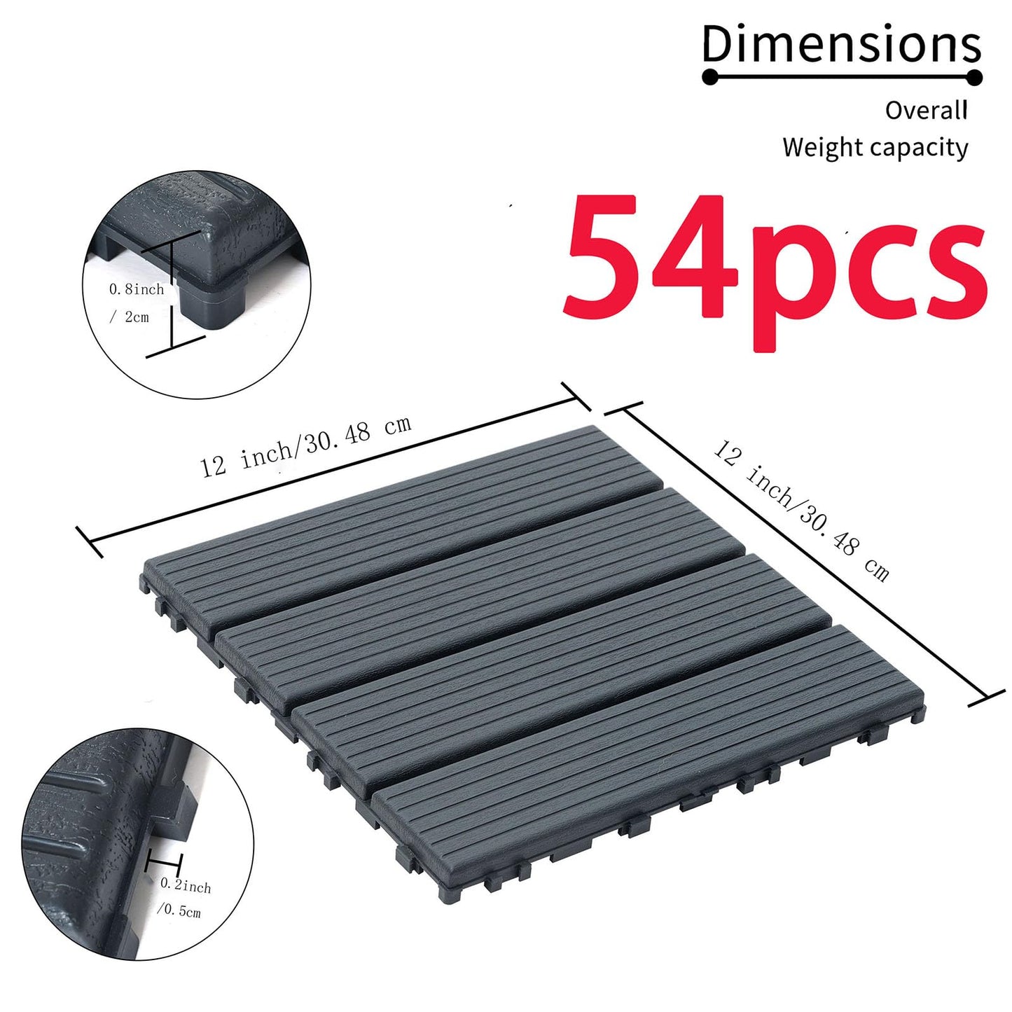 54 PCS Plastic Interlocking Deck Tiles, 12"x12" Waterproof Outdoor Flooring, Patio Floor Decking Tiles for Balcony, Backyard, Pool, Garden Balcony Decorations (54, C-Gray, 12'' x 12'')