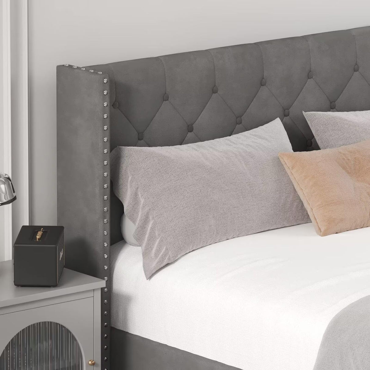 DOGIBIXO Grey Upholstered Bed Frame with LED Lights and Wingback Headboard, Easy Assembly, No Box Spring Needed DOGIBIXO