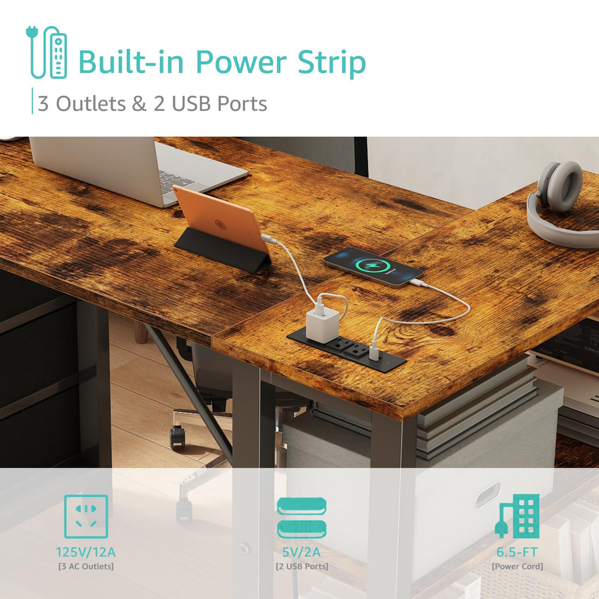 Lufeiya L Shaped Desk with Drawers & Storage Shelves, 47 Inch Corner Computer Desk with Power Outlet for Home Office Bedroom, L-Shaped Gaming PC Desks with Fabric Drawer, Rustic Brown Lufeiya