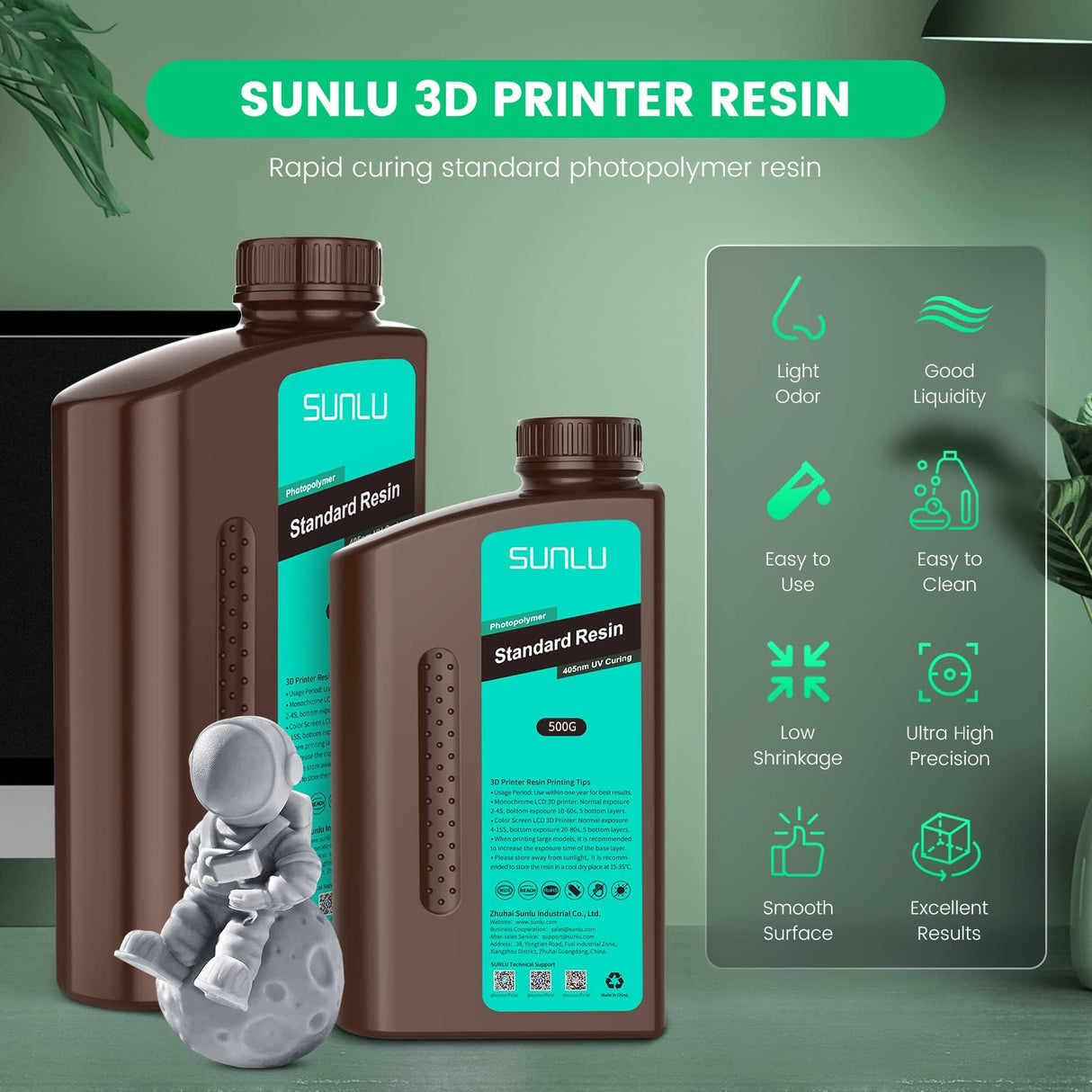 SUNLU 3D Printer Resin 2kg, Fast Curing Standard 3D Resin for LCD DLP SLA Resin 3D Printers, 395 to 405nm UV Curing 3D Printing Liquid Photopolymer Resin, Low Shrinkage, High Precision, 2000g, Grey SUNLU