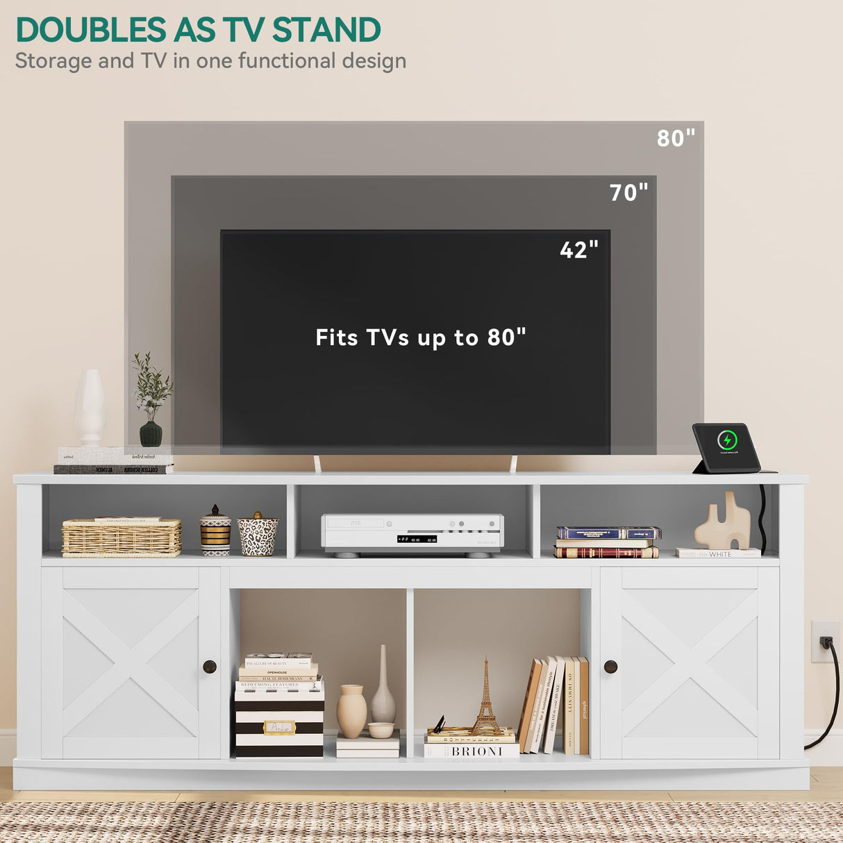 YITAHOME Farmhouse TV Stand for TVS up to 80 Inch, Modern TV Console with Barn Doors & Storage Cabinets, Entertainment Center with Power Outlet, TV Cabinet for Living Room, 70" White YITAHOME