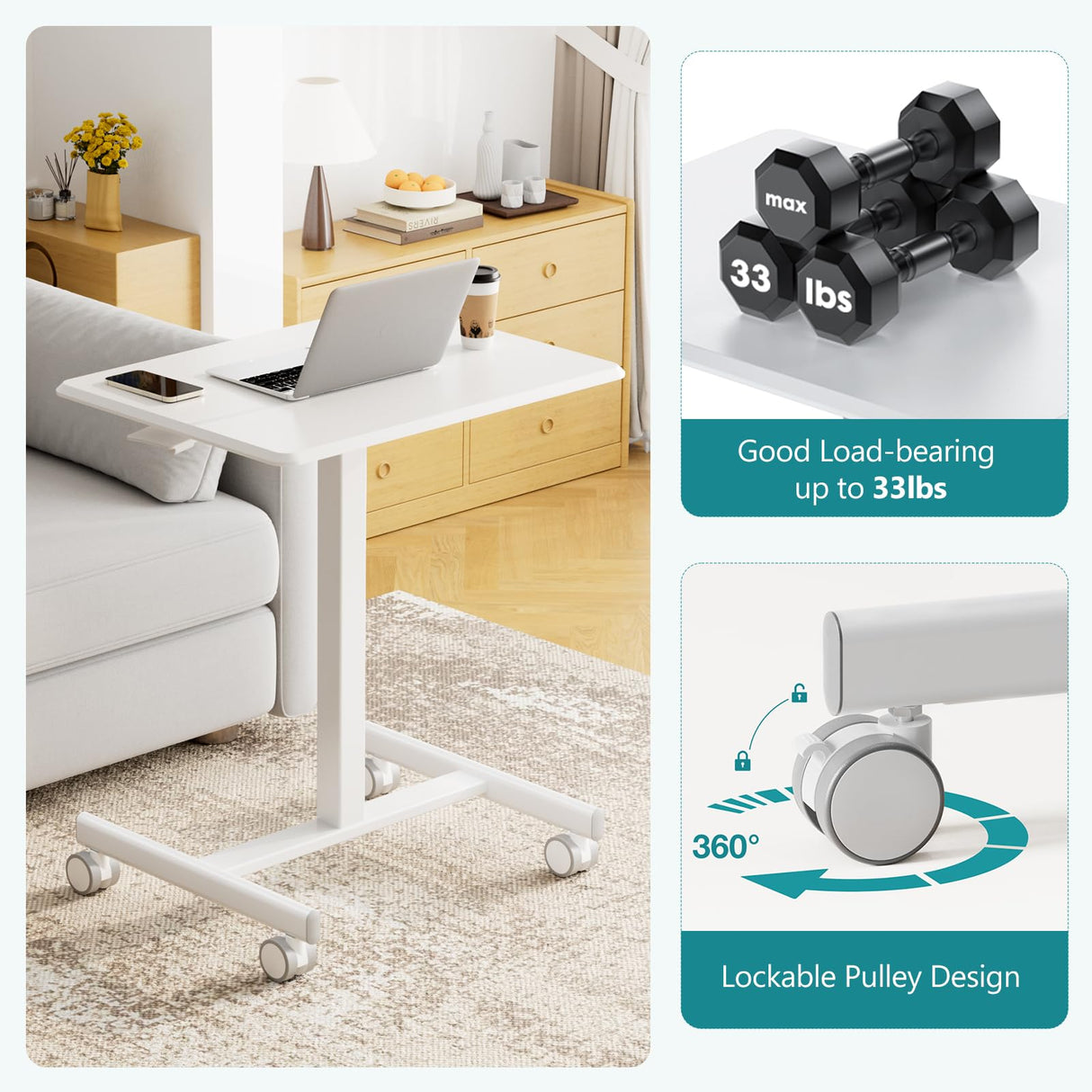 OLIXIS Small Standing Desk Adjustable Height, Portable Rolling Table on Wheels, 19 Inch Computer Mobile Desk Workstation for Home Office, White OLIXIS