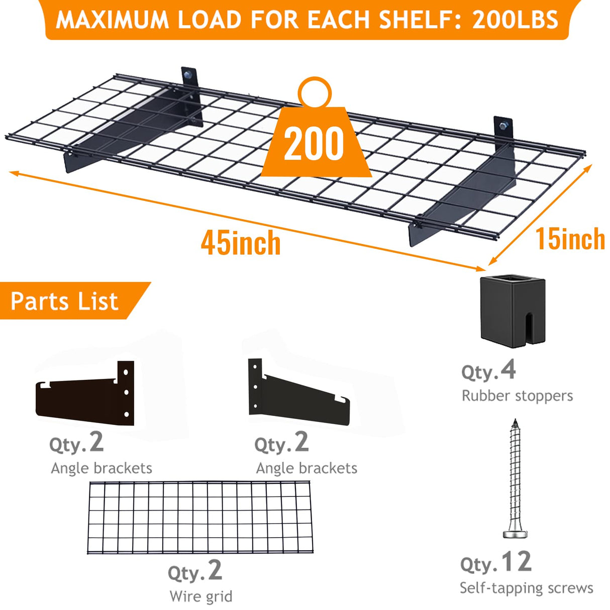 Wallmaster 2-Pack 15x45 Heavy Duty Garage Wall Shelving 45-inch-by-15-inch Wall Mount Garage Storage Rack Floating Shelves Max Load 400lb Black Wallmaster