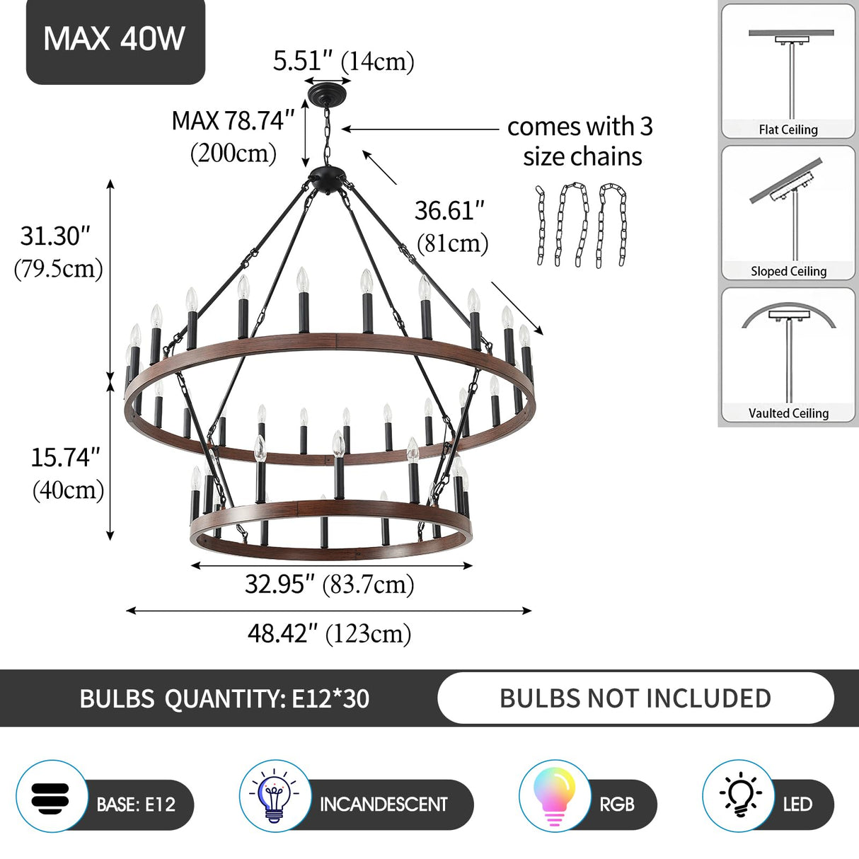 HHR 48" Wood-Grain Surface Double Tier Wagon Wheel Chandelier, 36-Light Round Farmhouse Pendant Light Fixture, Rustic Hanging Lighting for Dining Room Living Room Office(Not Solid Wood) HHR