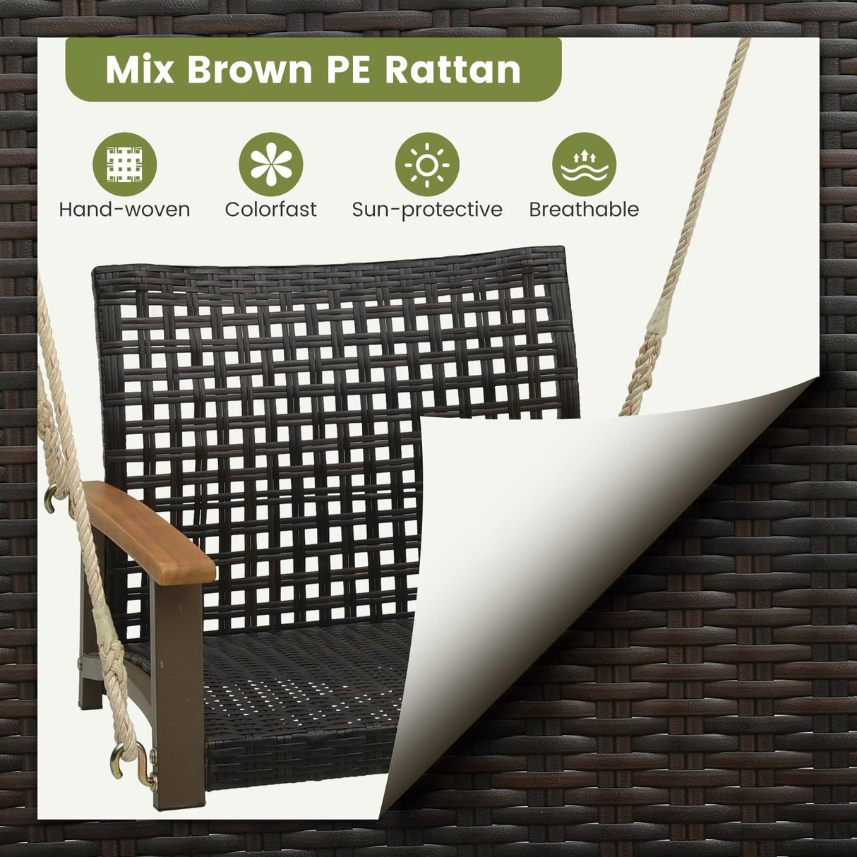 Tangkula 1-Person Rattan Porch Swing with Cushion, Outdoor Single Swing Chair Bench with Acacia Wood Armrests and Hanging Hemp Ropes, Bench Swing for Porch, Yard, Balcony, Tree (Off White) Tangkula